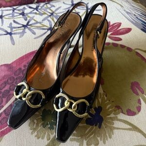 Etienne Aigner Black Heels with Gold Chain Detail